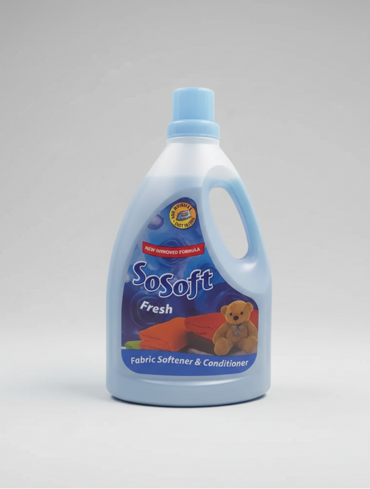 Bottle of SoSoft fabric softener on a white background