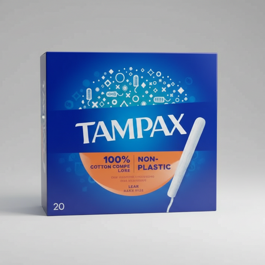 Tampax packaging with a blue background and white text