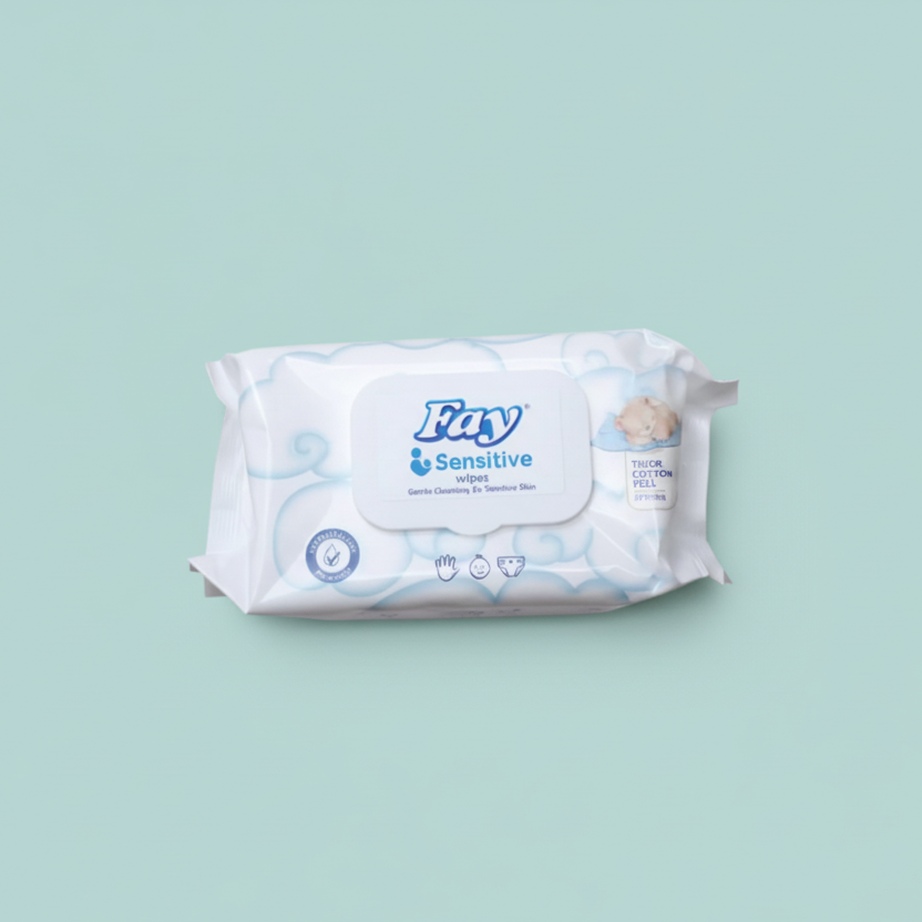 Pack of Fay sensitive wipes on a gray background