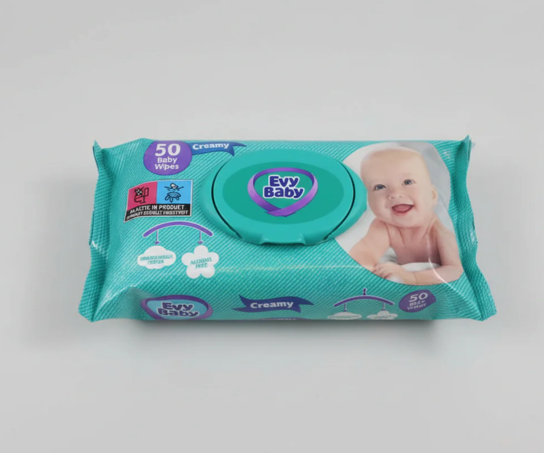 Evy Baby baby wipes package on a light gray background