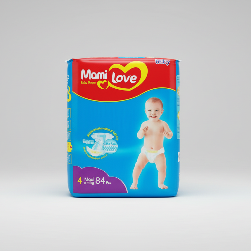 Mami Love baby diaper package with a child model on a white background