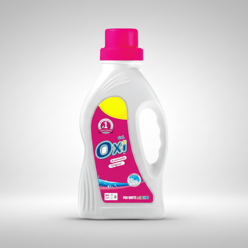 Oxi laundry detergent bottle with pink cap on a white background