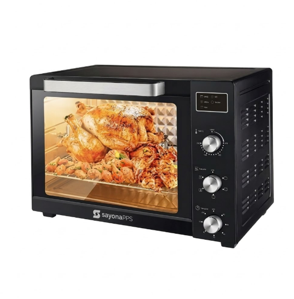 Black oven with a roasted chicken inside, featuring the Sayona brand.