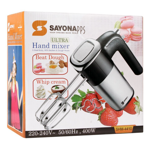 Sayona hand mixer packaging with product and usage examples on a white background