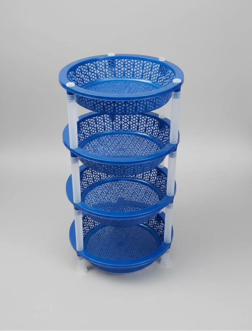 Blue three-tiered plastic basket with a visible brand label on a textured surface.