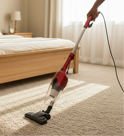 Red and black handheld vacuum cleaner on a white background