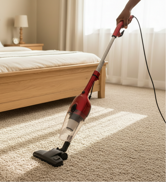 Red and black handheld vacuum cleaner on a white background