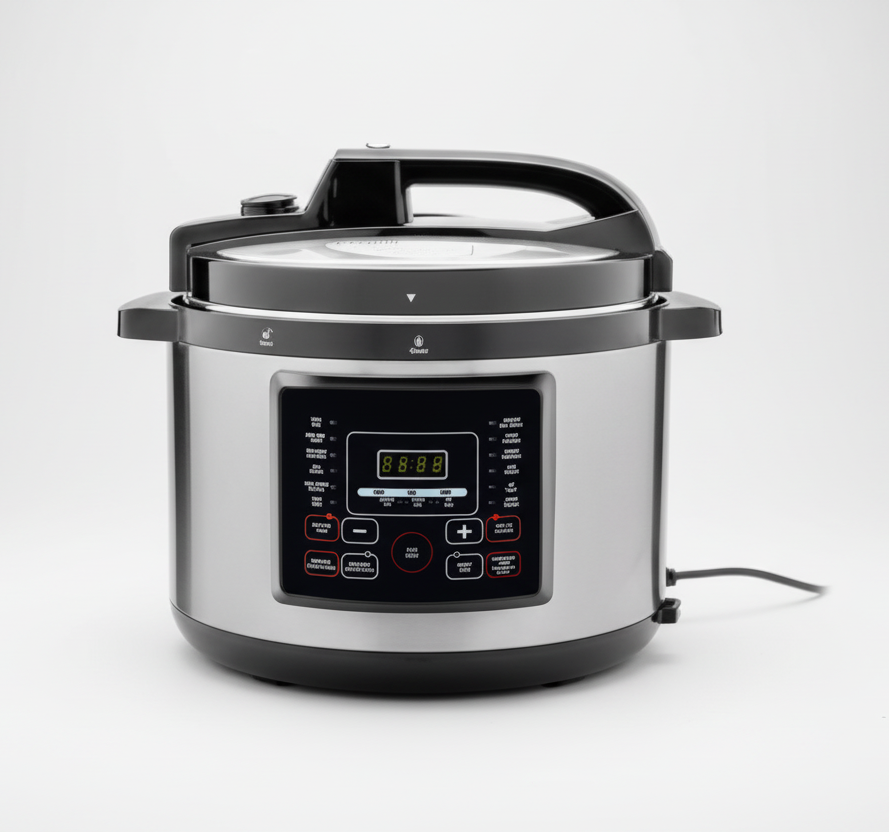 Pressure cooker with digital display on a white background