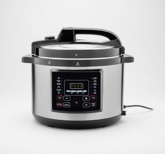 Pressure cooker with digital display on a white background