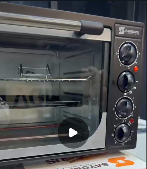 Commercial oven with control knobs on a branded stand