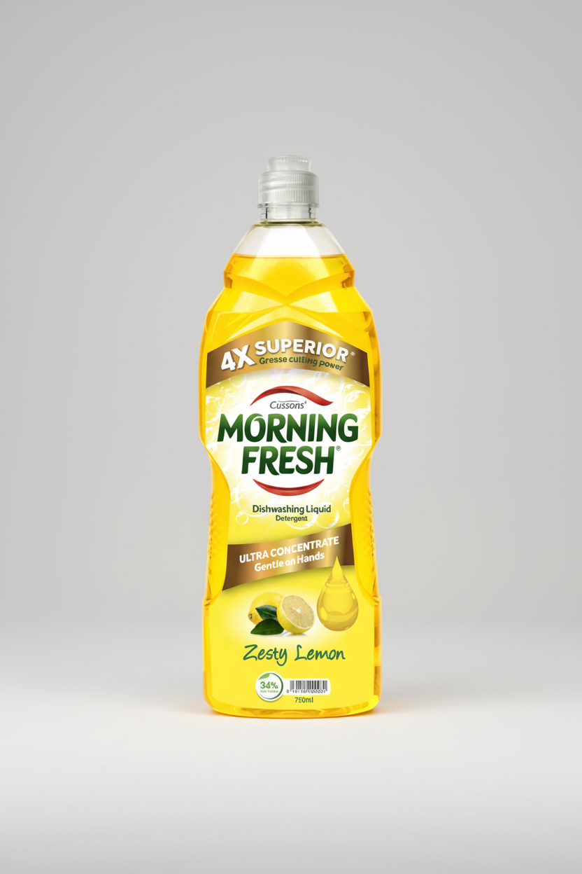 Bottle of Morning Fresh dishwashing liquid with lemon flavor on a white background