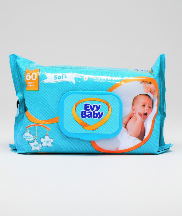Pack of Evy Baby wipes with a blue design and baby image on a white background