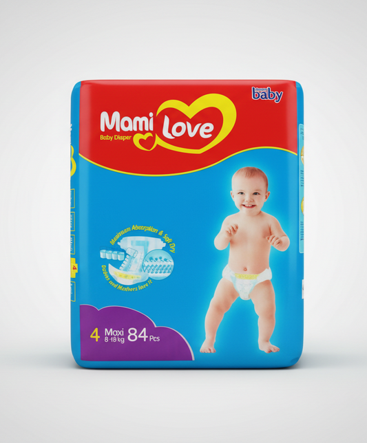 Mami Love baby diaper package with a child on the front, on a white background