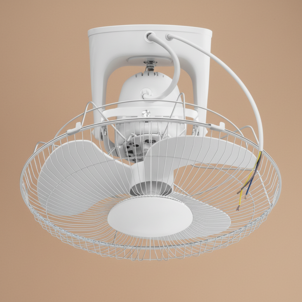 Ceiling fan with white frame and black blades on a white background