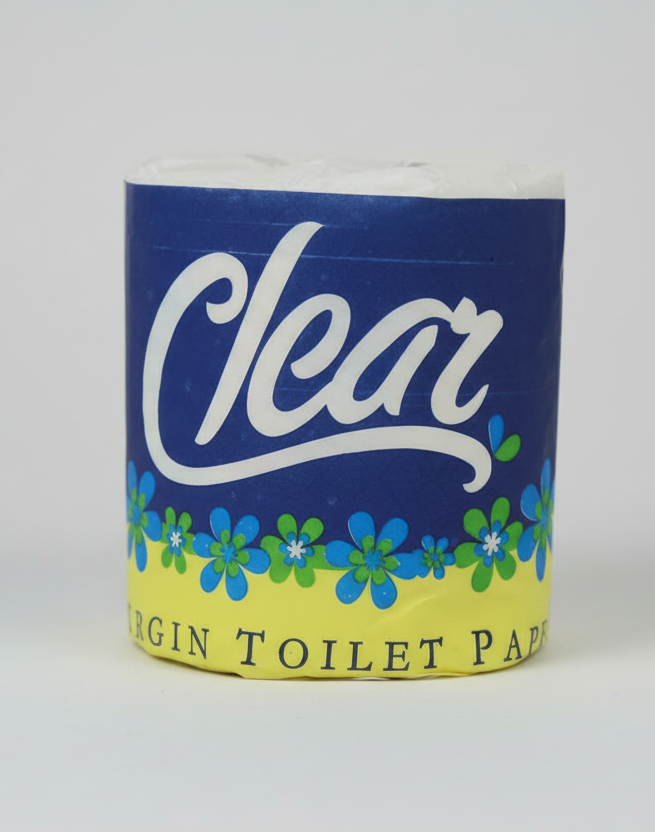 Roll of toilet paper with 'Clear' branding on a white background