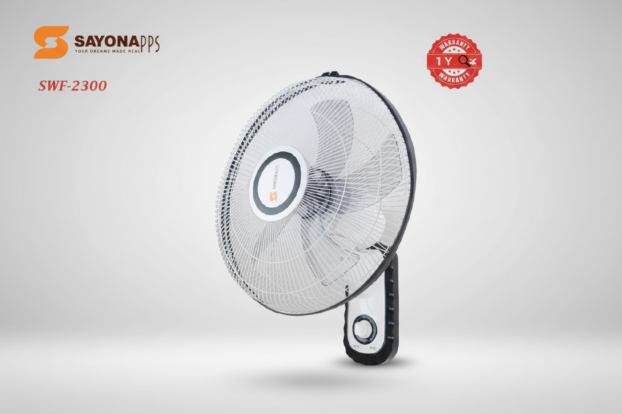 Wall-mounted fan with Sayona Apps branding on a white background