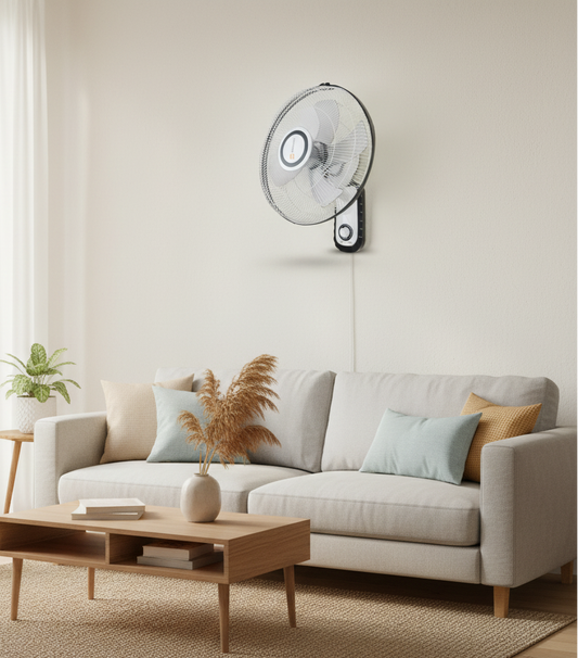 Wall-mounted fan on a plain background