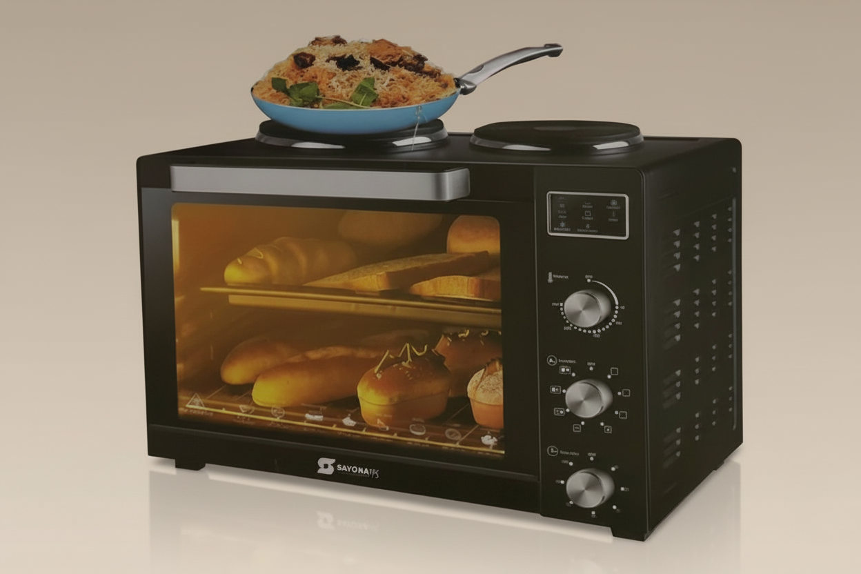 Multifunctional kitchen appliance with oven, cooktop, and food items inside