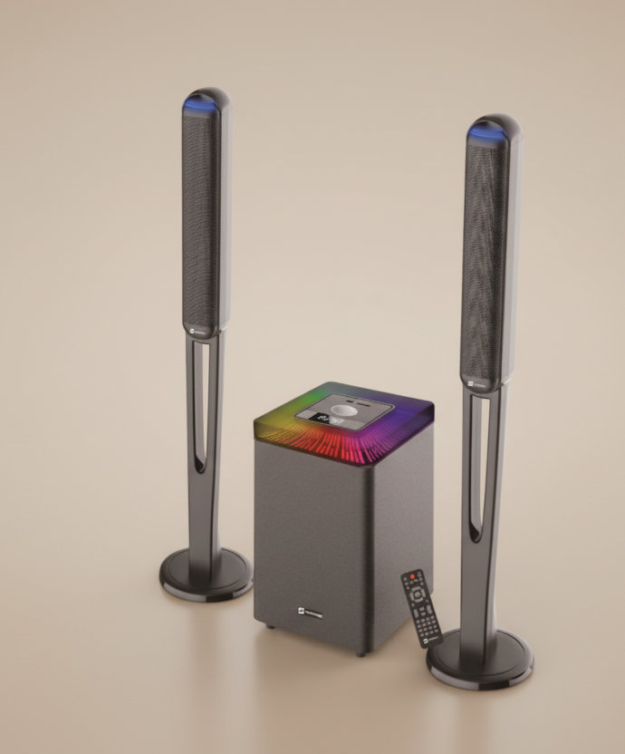 Two tall speakers with a colorful central unit on a white background