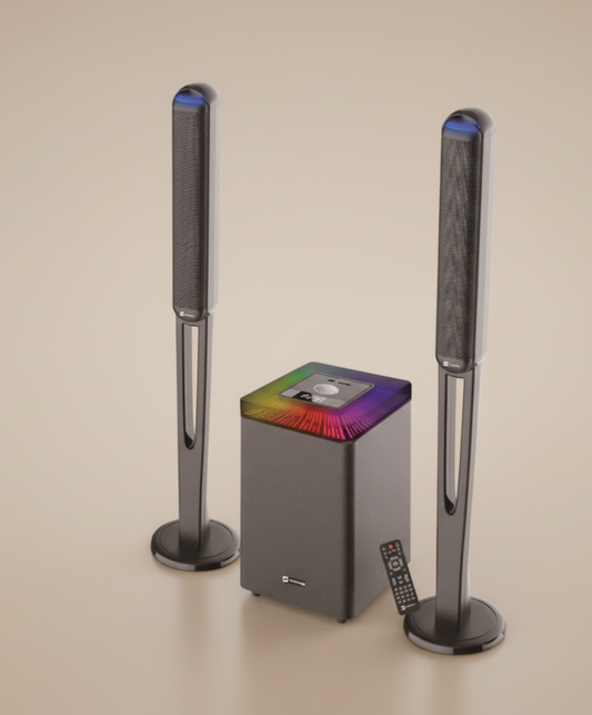 Two tall speakers with a colorful central unit on a white background