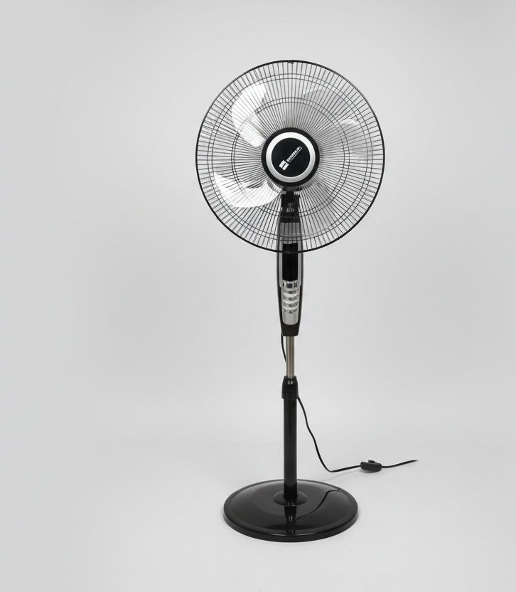 Black standing fan on a white background