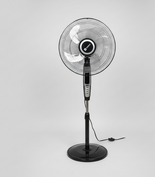 Black standing fan on a white background