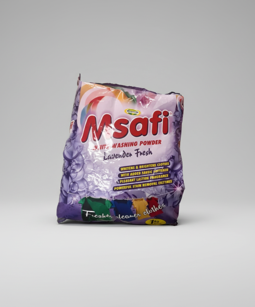 Bag of Msafi washing powder with colorful packaging on a white background