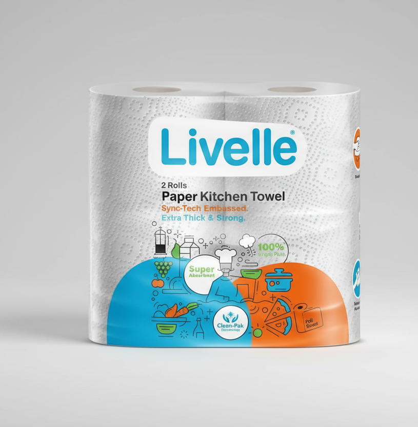 Roll of Livelle paper kitchen towels on a white background