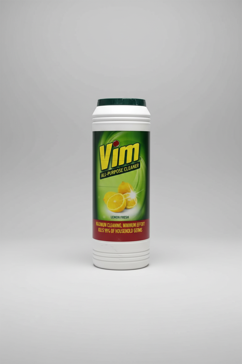 Vim all-purpose cleaner bottle with green label on a white background