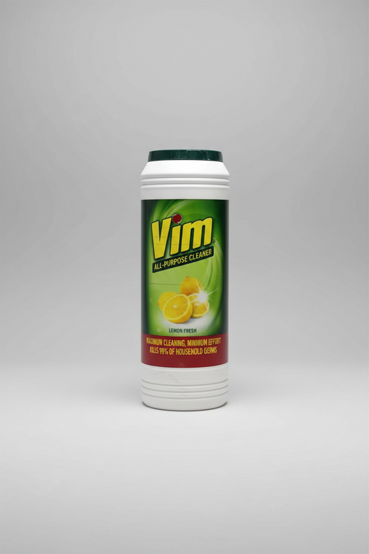 Vim all-purpose cleaner bottle with green label on a white background