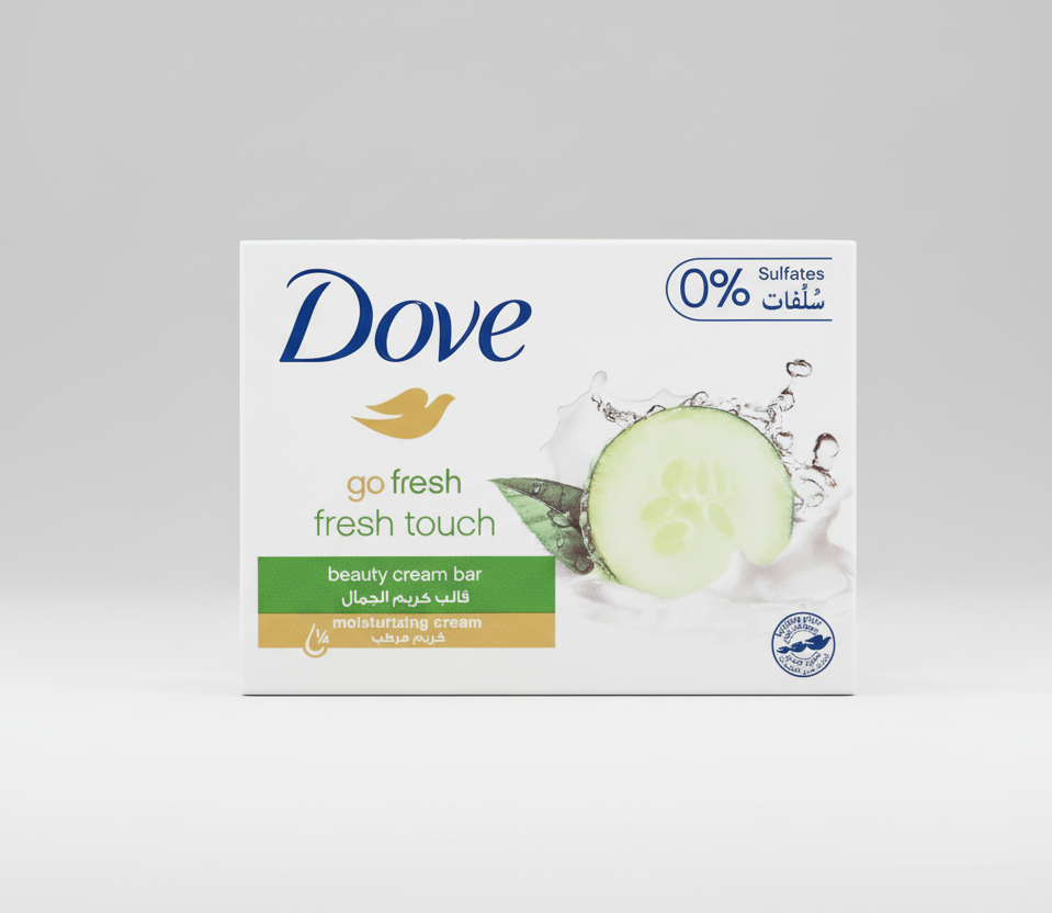Dove go fresh fresh touch beauty cream bar packaging with cucumber slice and water splash on a white background.