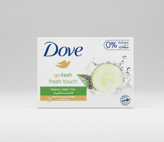Dove go fresh fresh touch beauty cream bar packaging with cucumber slice and water splash on a white background.