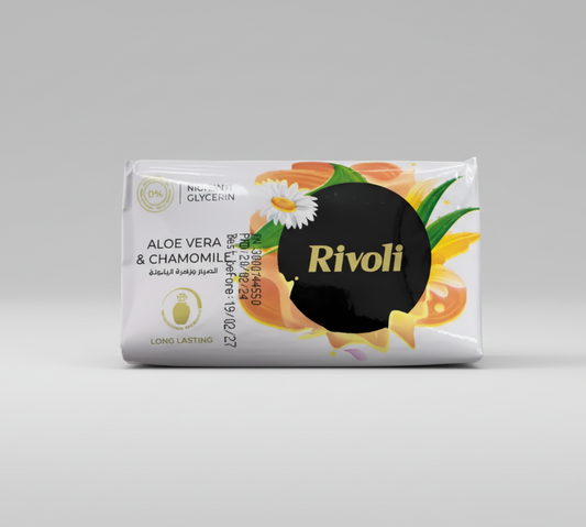 Bar of soap with Rivoli branding and aloe vera and chamomile imagery on a white background