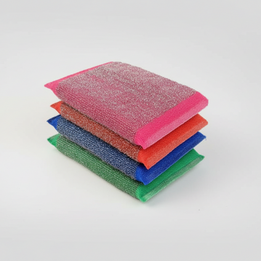Stack of colorful scrubber pads on a white background