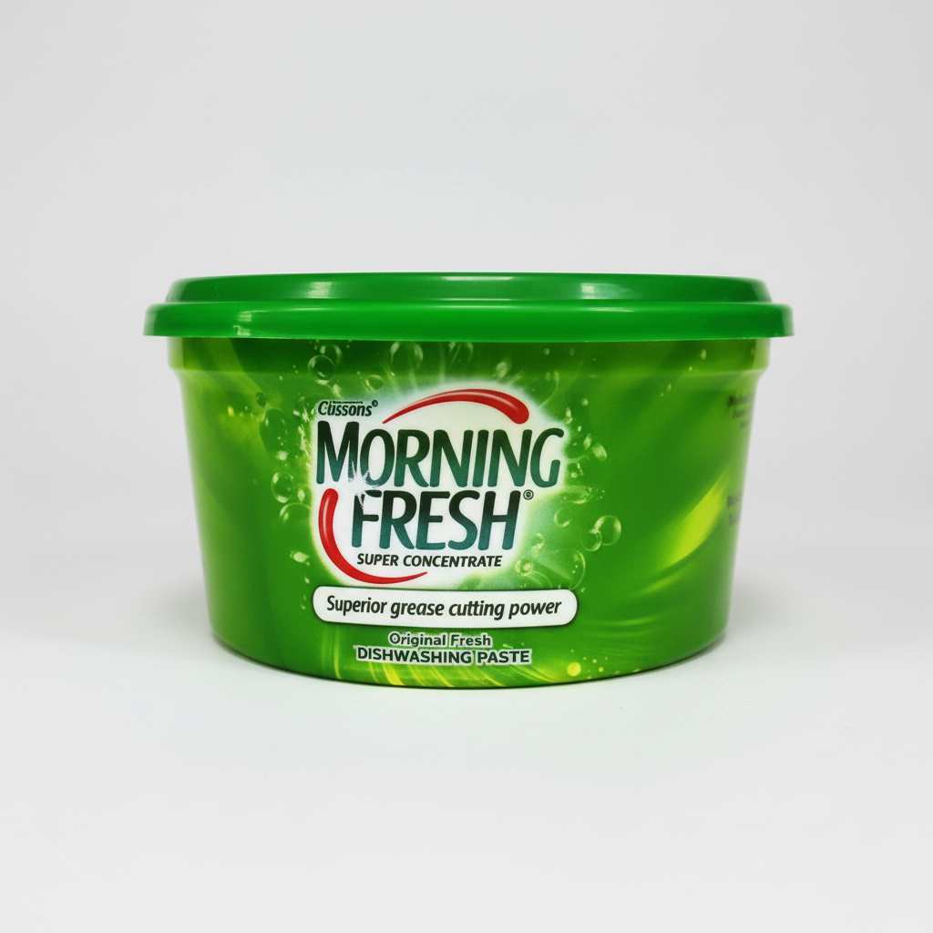 Green container of Morning Fresh dishwashing paste on a white background
