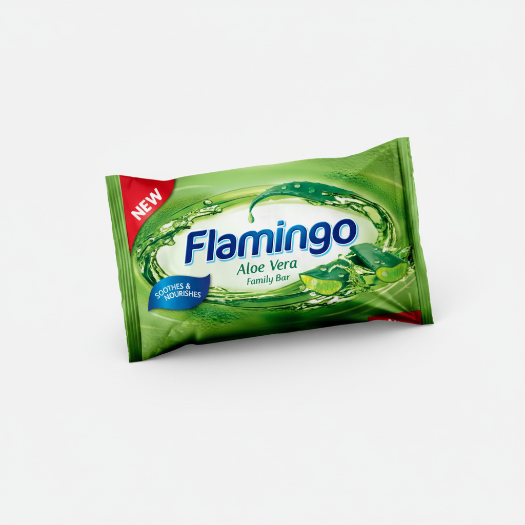 Flamingo Aloe Vera soap bar packaging on a white background