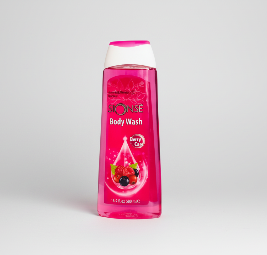 Pink bottle of S乐心 body wash with a white cap on a white background