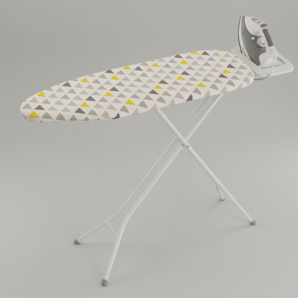 Ironing board with a geometric pattern on a wooden floor.