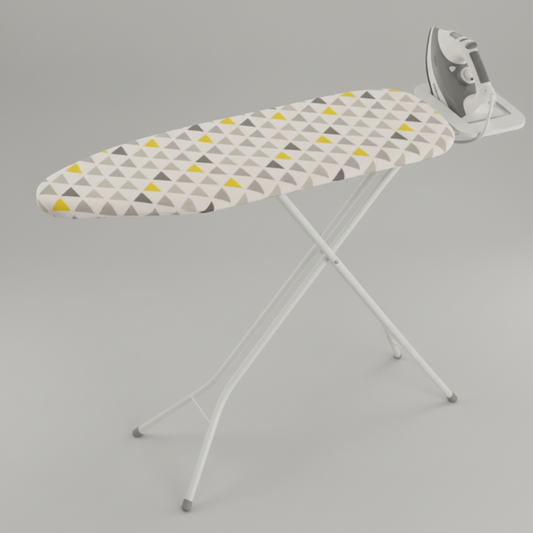 Ironing board with a geometric pattern on a wooden floor.