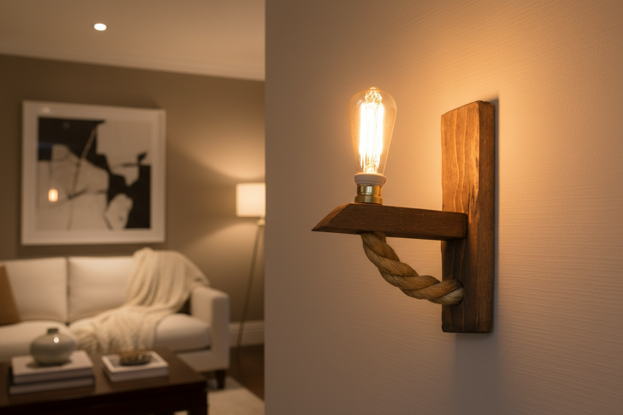 Wooden wall sconce with a light bulb in a living room setting