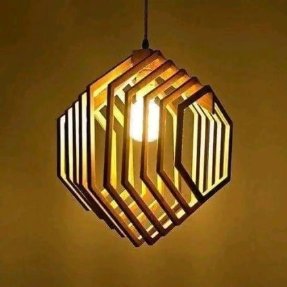 Geometric pendant light with a warm glow on a brown background