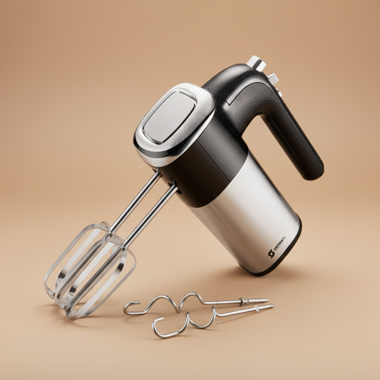 Hand mixer with attachments on a white background