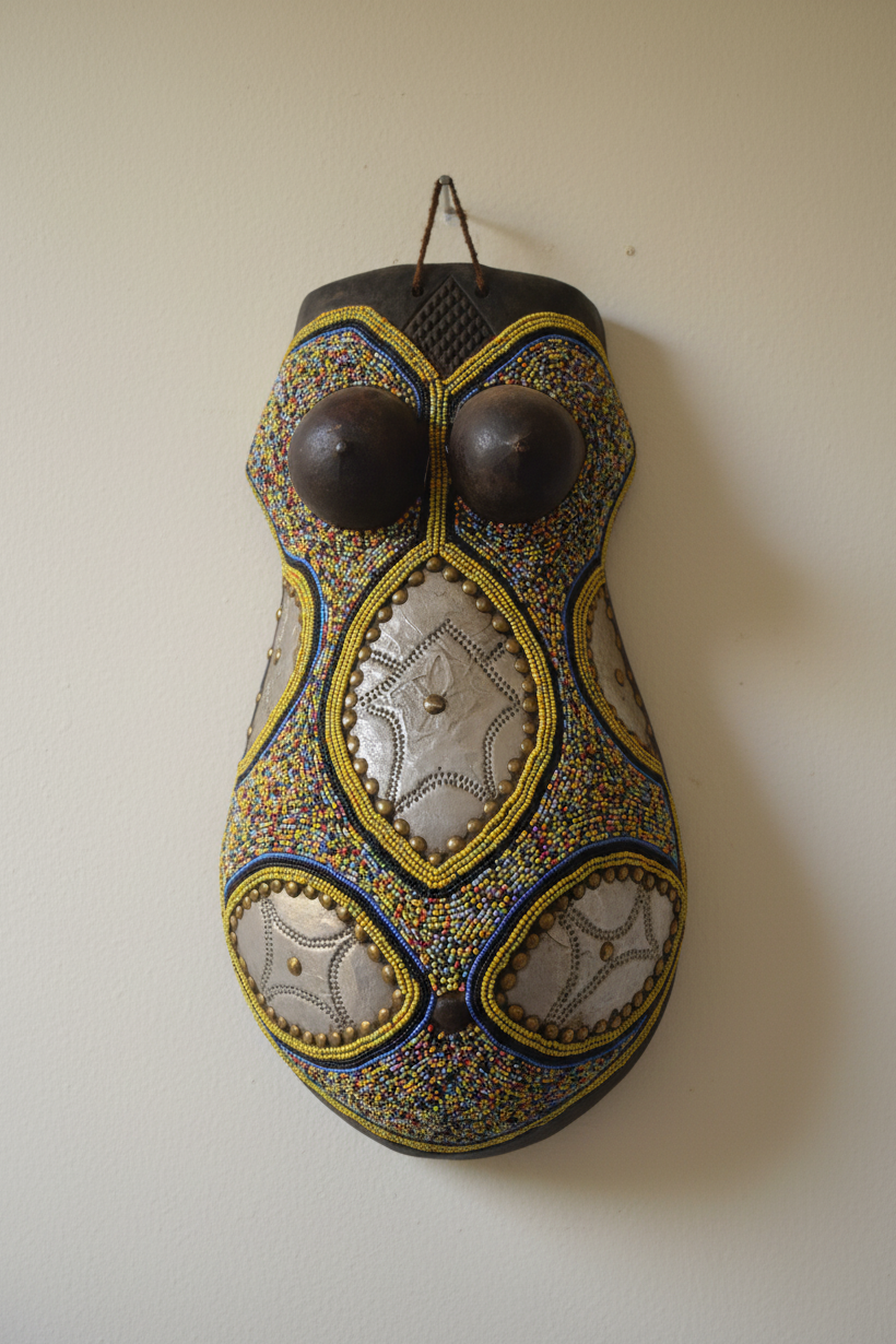 Decorative mask with intricate patterns and colors on a white background