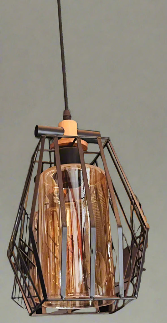 Pendant light with metallic cage design on a plain background