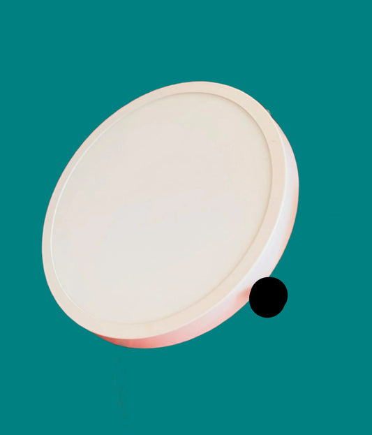 White circular panel light with a teal background
