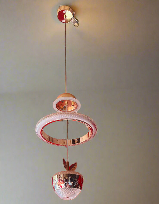 Decorative interior with red walls, mirrors, and hanging lights.