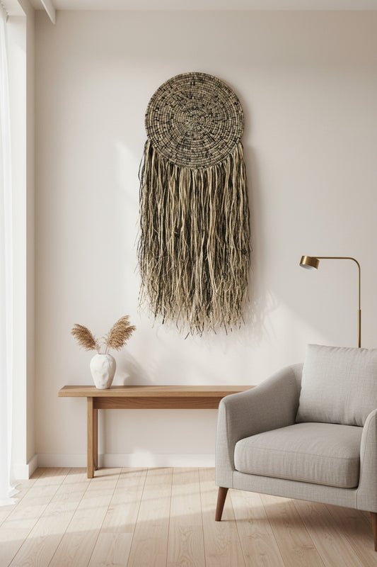Woven wall hanging with circular top and long fringes on a plain background