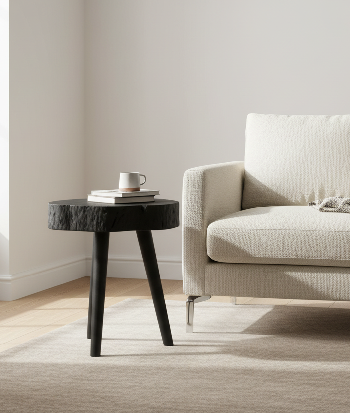 Beige armchair with a small table and books in a bright room.