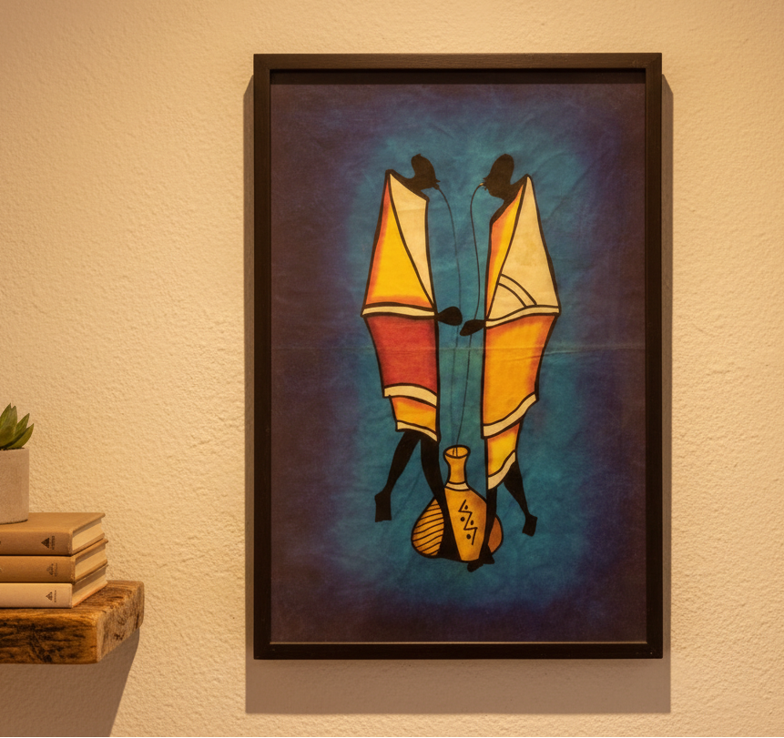 Framed artwork of two colorful kites men on a blue background, leaning against a textured wall.