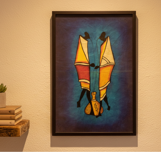Framed artwork of two colorful kites men on a blue background, leaning against a textured wall.